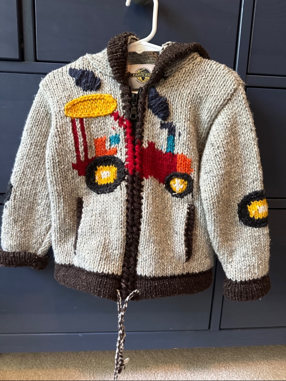 Hand-Knit Gray Tractor Hoodie Sweater for Kids - Style no longer available RARE